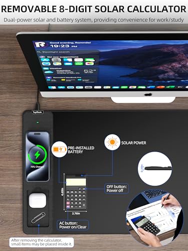 TopMade Mouse Pad with 15W Wireless Charging, Removable 8-Digit Solar Calculator, 31.5" x 15.75" XXL Large Desk Pad, Gaming Computer Keyboard Pad, Waterproof Mousepad Home Office Desk Mat, Black - color: Black-Calculator-31.5"x15.8"
