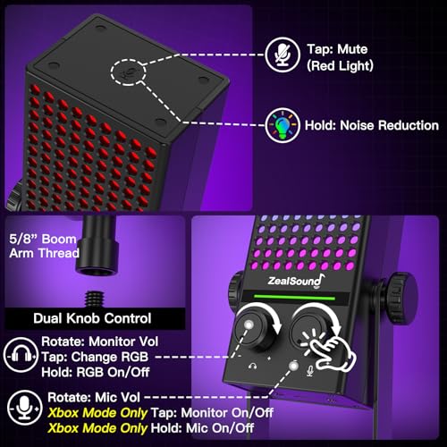 ZealSound USB Gaming Microphone for Xbox PC Mac iPhone & Android, Noise Reduction Mic with One-Tap Mute, Gain Control, Zero-Latency Monitoring & RGB Lighting, for YouTube TikTok Podcasting & Streaming - color: Black