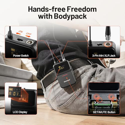MELONARE 4-Channel Wireless Microphone System,UHF Cordless Mic Set w/ 4x10 Frequencies, 200ft, 2 Handheld Dynamic Mics, 2 Bodypacks & Headset/Lapel Microphones for Singing, Karaoke, DJ (MWM-41-2H2B) - size: 2 Handheld 2 Bodypack Mics