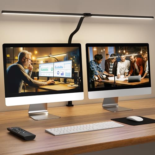 LED Desk Lamp for Home Office, 24W Computer Desk Light with Remote Control, Bright Table Lamp with Clamp Dimmable Tall Desktop Lighting with Bendable Gooseneck, Double Head, Black - style: Clamp Version - Black