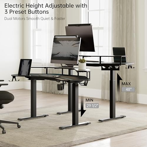 EUREKA ERGONOMIC Gaming Desk Adjustable Height Standing Desk 63" Wing Shaped Music Studio Table Workstation w Full Coverage Mousepad, 3 Stands, Dual Headphone/Cup Holder, Ipad-Slot - color: Black, size: 63"W x 48"H-Adjustable