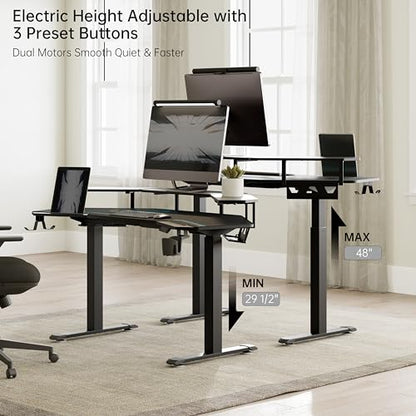 EUREKA ERGONOMIC Gaming Desk Adjustable Height Standing Desk 63" Wing Shaped Music Studio Table Workstation w Full Coverage Mousepad, 3 Stands, Dual Headphone/Cup Holder, Ipad-Slot - color: Black, size: 63"W x 48"H-Adjustable