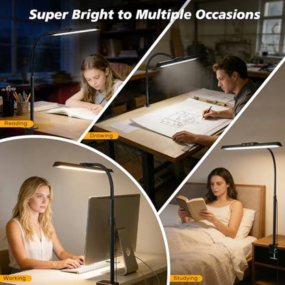 LED Desk Lamp for Office Home, Stepless Dimming Architect Desk Light with DC Adapter, Eye-Caring Desk Lamp with Clamp, 25 Lighting Modes Adjustable 12.8in Flexible Gooseneck for Workbench(Black) - color: Black