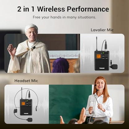 TONOR UHF Wireless Microphone System with Headset Lavalier Lapel Mic, Bodypack Transmitter, Rechargeable Receiver, 15 Channels 60 m/200ft Range 1/4" Output for Recording, 1 Bodypack Mic