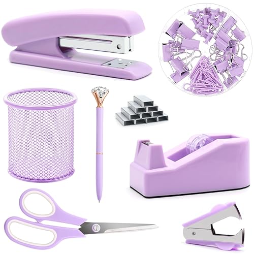 Purple Office Supplies, Purple Desk Accessories, Stapler, Staple Remover, Tape Holder, Pen Holder, Ballpoint Pen, Scissor, Binder Clips, Paper Clips and 1000pcs Staples. - color: Purple