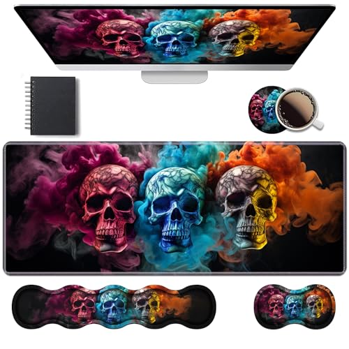 Ergonomic Keyboard Wrist Rest & Mouse Pad Wrist Rest Set, Large XXL Gaming Desk Mat 31.5"x 11.8" with Memory Foam, Easy Typing Pain Relief for Office & Home, Colored Skull - color: Colored Skull