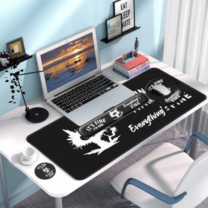 Desk Mat Set + Keyboard and Mouse Pad with Wrist Rest Support,4-in-1 Large Mousepad Computer Mats for Desktop Home & Office-It's fine I'm fine Everything is fine - color: E3-Funny Cute Cat