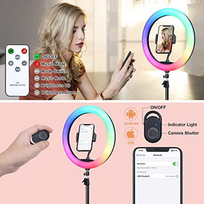 10" Selfie Ring Light with 73" Tripod Stand & 1 Phone Holder, LED Camera Ringlight with 48 RGB Colors Modes & Musical Rhythm Mode and 12 Brightness Dimmable for TikTok/Makeup/Photography/Vlog - color: 10" Musical Version