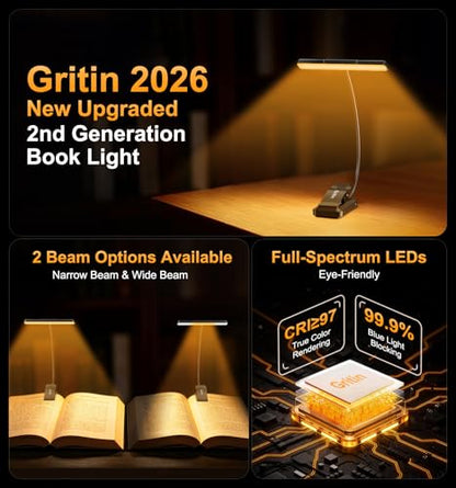 Gritin 2026 Gen 2 Book Light for Reading- 32 Eye Caring Full Spectrum LED | 5 Colors & 5 Brightness, Adjustable Wide/Narrow Beam, Upgrade 1500mAh Long-Lasting Rechargeable Clip on Light for Book Lovers - color: Black