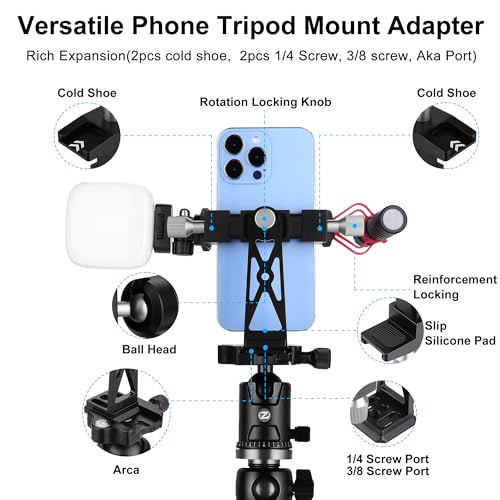 Metal Phone Tripod Mount Extra Deep Clamp with Arca Port Cold Shoe 360°Ball Head Cellphone Tripod Adapter for iPhone Galaxy Smartphone Stand Holder for Vlogging Video Camera Monitor