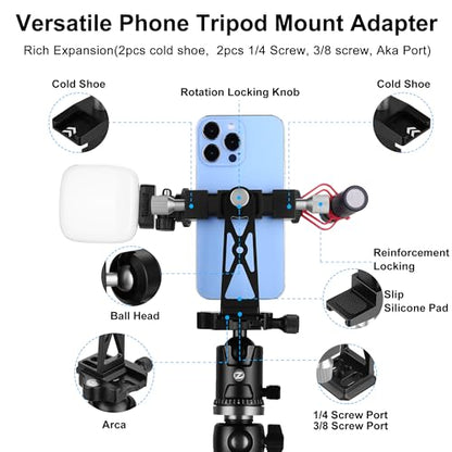 Metal Phone Tripod Mount Extra Deep Clamp with Arca Port Cold Shoe 360°Ball Head Cellphone Tripod Adapter for iPhone Galaxy Smartphone Stand Holder for Vlogging Video Camera Monitor