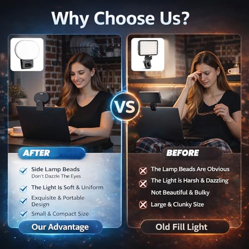 Clip On Selfie Light for Phone & Laptop, 60 LED Portable Selfie Light, Rechargeable 2000mAh Ring Light with 3 Modes 10 Brightness for Zoom, TikTok, Webcam, Makeup & Video Recording, Studio Lighting