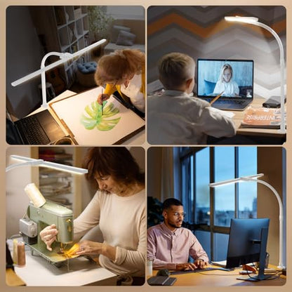 LED Desk Lamp - Bright Dimmable Computer Lamp, 24W Bendable Desk Light for Monitor Screen, Eye-Caring Tall Desktop Light for Task Home Office Work, White, Dual Head - style: Clamp Version - White