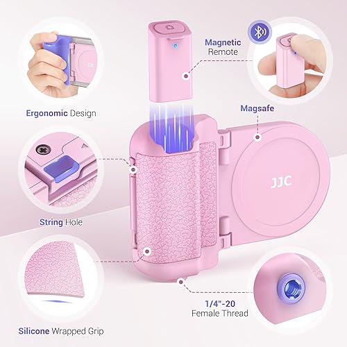 JJC Magnetic Phone Camera Grip Handle with Wireless Shutter Remote, Magsafe Camera Handle Bluetooth Bracket for iPhone Android Smartphone with 1/4” Tripod Screw for Video Photo Shooting (Pink) - color: Pink Standard Grip