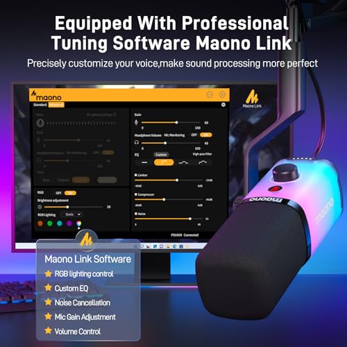MAONO USB/XLR Podcasting Microphone for PC, Gaming Streaming Dynamic Mic with Mute Button, Software-RGB, Desktop Stand,Computer Mic for Video Studio Recording-PD100X,RGB