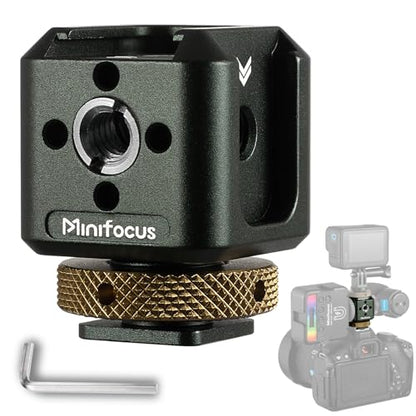 MINIFOCUS Camera Hot Shoe Extension Bracket with Quadruple Cold Shoe Mounts Adapter for Microphone LED Video Light, Aluminum Shoe Mount Holder with 1/4''&3/8'' Thread Hole and Arri-locating Hole