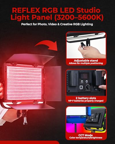 REFLEX CAMERA RGB LED Video Light Panel 3200K–5600K Bi-Color Dimmable with App & Remote Control – Studio Light for Photography, YouTube, Filmmaking, Adjustable Hue Saturation Barn Doors