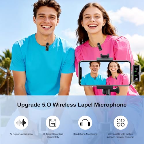 Wireless Lavalier Microphone for iPhone iPad Android Laptop Camera, Lightning & USB C Mic for iPhone, 24H Charging Case,Plug &Play Noise Reduction Mini Mic for Video Recording, Vlogging