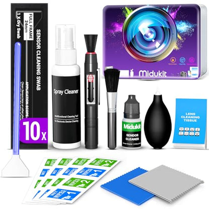 Updated Camera Lens and Sensor Cleaning Kit for Full Frame DSLR - 10x Swabs, Cleaner, and Essentials for Canon, Nikon, Sony