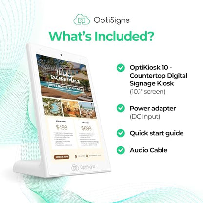 OptiSigns OptiKiosk 10 - Countertop Digital Signage Kiosk, 10.1" HD Touchscreen Display with Wi-Fi, Ethernet & Bluetooth, Software, Optional Background Music