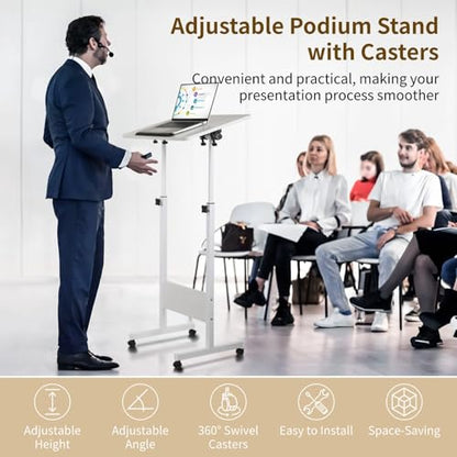 Mobile Podium, Adjustable Standing Desk with Caster Wheels, Adjustable Height 360° Swivel Desktop, Versatile Podium Laptop Desk Stand Up Desk Easel Presentation Lectern (White) - color: White