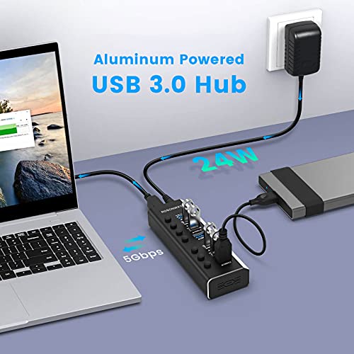 USB Hub 3.0 Powered Rosonway Aluminum 7 Ports USB 3.0 Data Hub Splitter with 24W (12V/2A) Power Adapter and Individual On/Off Switches USB Port Expander for PC and Laptop (RSH-A37S) (Pack of 2) - size: 7-Port Powered USB 3.0 Hub (Pack of 2)