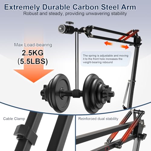 Overhead Camera Mount,Camera Desk Mount with 360° Adjustable Arm and Phone Holder,Max Load-Bearing 5lb,Desk Clamp Stand for Content Creation and Live Streaming,DSLR,Webcam,Mic,Ring Light