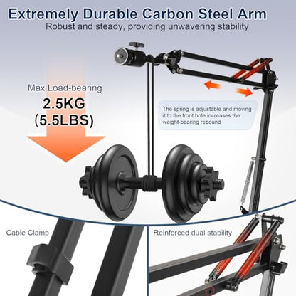 Overhead Camera Mount,Camera Desk Mount with 360° Adjustable Arm and Phone Holder,Max Load-Bearing 5lb,Desk Clamp Stand for Content Creation and Live Streaming,DSLR,Webcam,Mic,Ring Light
