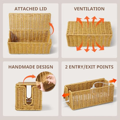 Cable Management Box, Handwoven Synthetic Rattan Cable Organizer, 2 Side Open Slots Cords Hider Box, Under Desk Cord Organizer for USB Wire, TV PC Charger & Power Strip, Natural