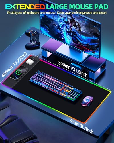 Mouse Pad with Wireless Charger, RGB Gaming Mousepad, 31.5"x15.7" Extra Large Desk Mat, 13 Light Modes, Ultra-Smooth Surface, Non-Slip Base, Waterproof Computer Keyboard Pad, Black with PD Adapter - color: RGB-31.5"x15.7"-PD Adapter