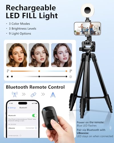 UBeesize Vlogging Kit for iPhone/Android, YouTube Starter Kit with Wireless Lavalier Microphone, Full & Flexible Tripods, LED Fill Light, for Tiktok Content Creators, Video Recording & Live Streaming