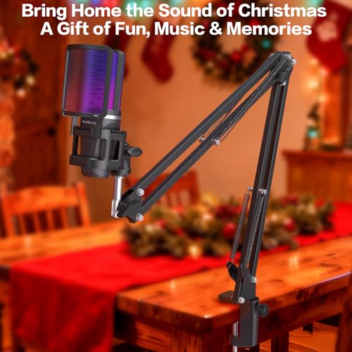 ZealSound Microphone for PC, USB Condenser Gaming Mic with Noise Reduction, Gain Control, Mute, Zero-Latency Monitoring, RGB Lighting, Boom Arm & Tripod Stand for Mac iPhone Android Podcasting TikTok - color: Black