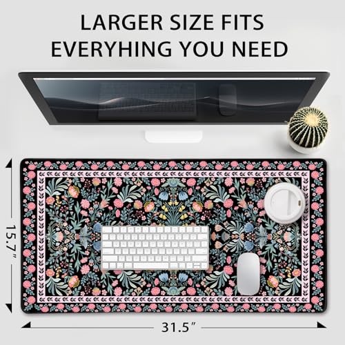Black Floral Desk Mat, 31.5"x15.7" Large Mouse Pad, Anti-Slip Rubber Base Mousepad, Keyboard Pad with Stitched Edges, Water-Resistant Smooth Desk Blotter, Computer Mat for Home Office Desk - color: Black Floral