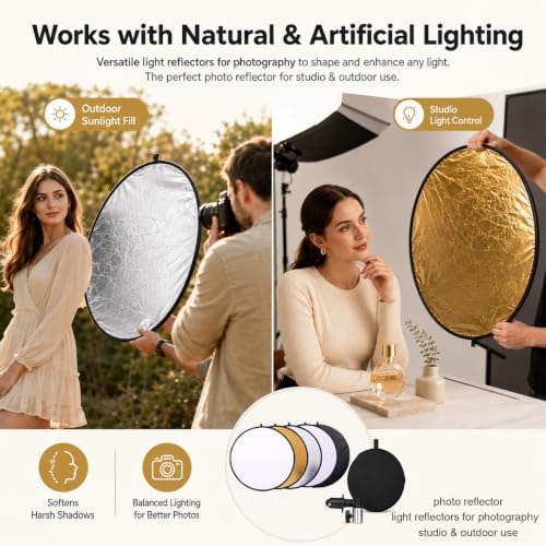 24in 5 in 1 Photography Reflector with Clip and Carrying Bag,Collapsible Photo Reflector,Round Light Reflectors for Photography,Gold Silver White Black Translucent Diffuser for Studio Outdoor Shooting - size: open size: 60cm/24inch