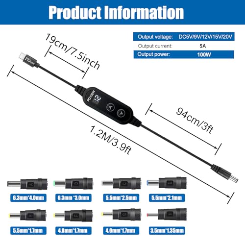 100W USB C to DC Charger, Barrel PD Trigger Cable with 8 DC Conversion Heads and LED Display Screen, DC 5V/9V/12V/15V/20V to DC Adapter Cable for Netbook, Tablets, Led Light, Routers (3.9ft) - color: Black-100W usb c to dc cable
