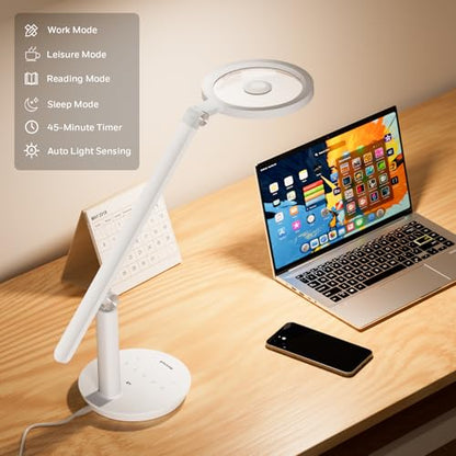 Honeywell Desk Lamp for Home Office, H6 Sunturalux™ Eye-Caring Led Desk Light, 800LM Dimmable Desk Lamp with Timer, Touch Control Tall Desk Reading Light, Table Lamp for Circle Webcam, Study, Bedroom - color: White