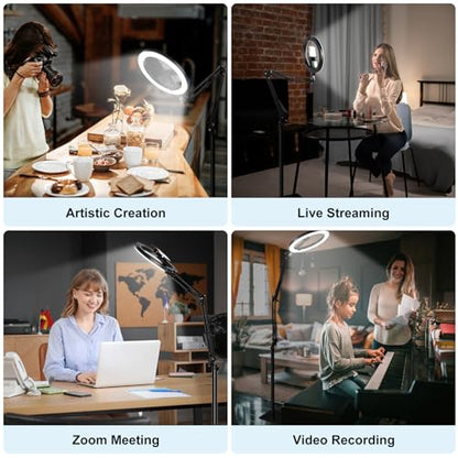 Latest Ring Light with Stand Tripod for iPhone, Overhead Phone Camera Mount with Light and Phone Holder Stand for Recording, 10” Selfie Light for Video,Streaming,Photography, Tiktok, YouTube - size: 70.8" tall - Clip-On Phone Holder