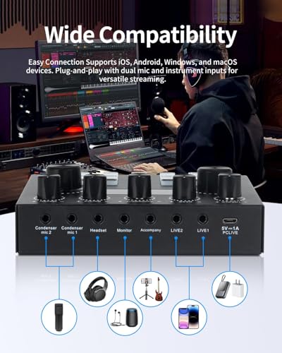 Podcast Equipment Bundle for 1, Studio Recording Kit with Condenser Mics, Bluetooth Sound Card, DSP Effects, Real-Time Monitoring, Plug & Play for Streaming, Singing, Gaming, (Black, 2 Packs)