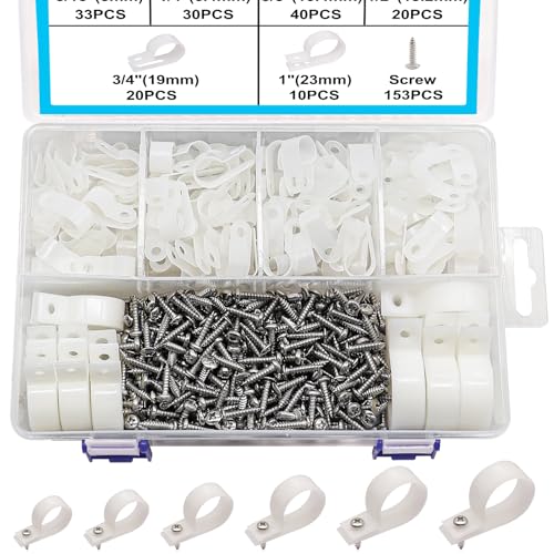 TWTADE 306PCS White Cable Clamps Assortment Kit, Nylon Plastic R-Type 6 Sizes 3/16'' 1/4'' 3/8'' 1/2'' 3/4'' 1'' Cable Mounting Wire Clips Fastener with Screws for Wire Management - color: White-306PCS