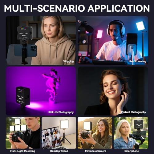 LOUERN RGB Light w Softbox,65LEDs Video Light w CRI95+,0–359° Hue,2500K–9000K,20 Scene Modes, Fast USB-C Rechargeable On-Camera Light w 3 Cold Shoe Mounts for Vlogging,Photography,Selfie,Recording