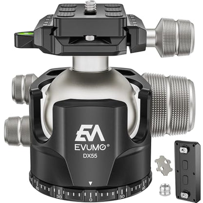 EVUMO DX55 Ball Head, 55mm Low Profile Heavy Duty CNC Panoramic Tripod Ball Head Mount with Mlok Arca Swiss Quick Release Plate for Camera Tripod Monopod DSLR Camcorder Telescope, Max Load 88lb/40kg