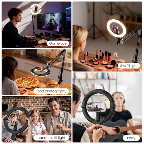 10" Magnetic Ring Light Overhead Camera Phone Mount, XINBAOHONG LED Selfie Light with Stand and Phone Holder, Rechargeable Desk Light for Video Recording