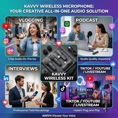 KAVVY Wireless Microphone for iPhone, Dual Mini Lavalier Mic, Clip On Wireless Mic for Video Recording, Podcast, TikTok & YouTube, Portable for Android, Camera & PC, Noise Reduction