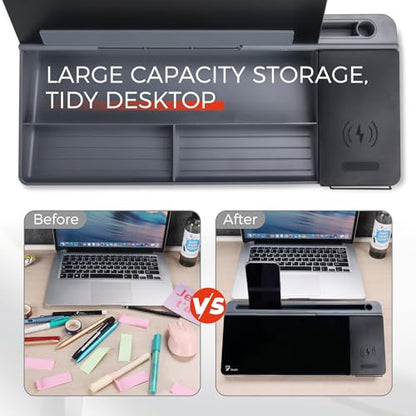 TOWON Glass Desk Whiteboard with Wireless Charger, Desktop Dry Erase Board with Storage & Phone Stand – Compact ~16 x 7 in, Black – Includes Marker & Eraser, Tempered Glass, Rewrite Reusable - color: Charger Black
