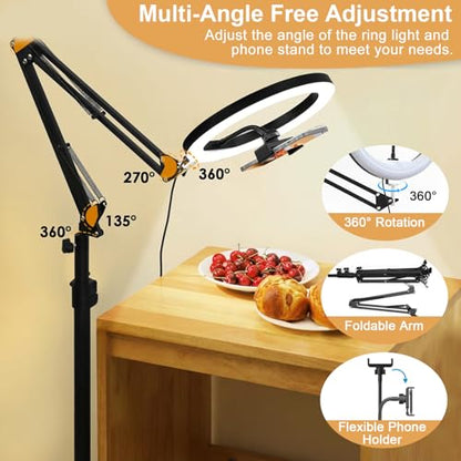 Yoobao 12" Ring Light with Stand, 81" Tripod with Overhead Foldable Arm, Phone Mount & Casters, 3 Light Modes & 10 Brightness, LED Selfie Light for Live Streaming YouTube TikTok Photography