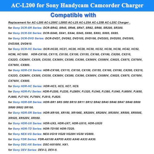 AC-L200 Charger USB Power Cord for Sony Handycam Camcorder, | ACL200 Power Adapter for DCR-DVD DCR-HC DCR-SR DCR-SX, HDR-CX HDR-HC HDR-PJ HDR-SR HDR-XR HDR-UX HDR-TD Series Power Adapter