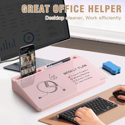 SELEAD Desktop Glass Whiteboard with Storage, Small Dry Erase White Board Computer Pad Keyboard Stand for Home, School, Office Desk Accessories - Pink - color: Pink