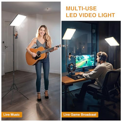 2 Pack Led Video Light Kit with Stand, Kmasic Photography Light Panel Built-in 8000mAh & LCD Display, 2200Lux 2500K-8500K Soft Studio Light for Video Recording Game Live Streaming YouTube TikTok
