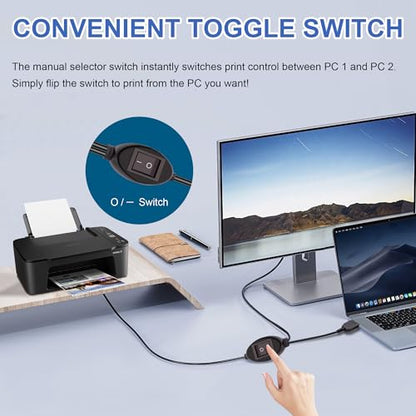 2 in 1 Printer Cable Splitter, USB B to Dual USB A Cord for Two Computers Sharing One Printer/Scanner, with Manual Toggle Switch (4.5M/14.7FT)