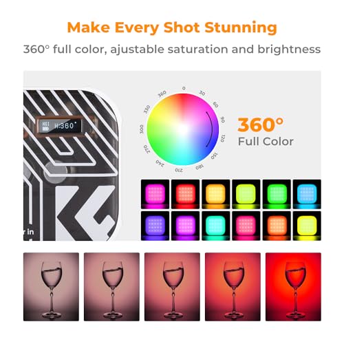 K&F CONCEPT RGB Video Light, 360° Full Color Portable Photography Light, LED Camera Light w 21 Light Effects, 2500K-9900K CRI 96+, 2000mAh Rechargeable Photography Lighting for Vlogging, Selfie, White - color: White